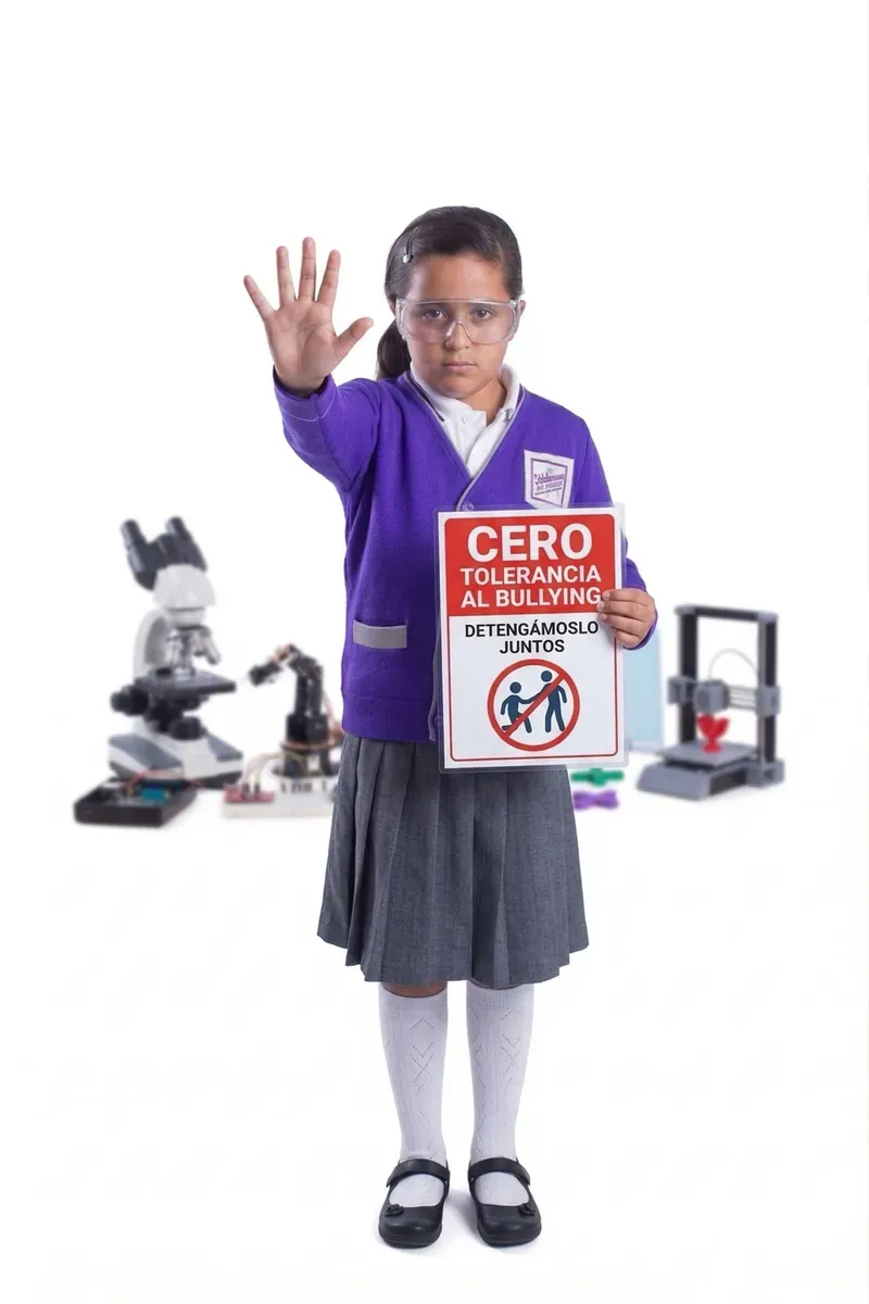 Alumna de Colegio Banting con letrero Cero Tolerancia al Bullying, programa de psicopedagogía preventiva