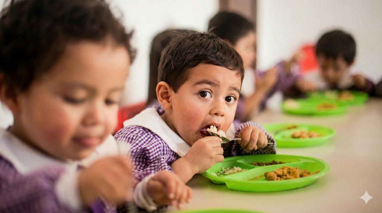 Niños disfrutando un almuerzo saludable en el comedor de Colegio Banting